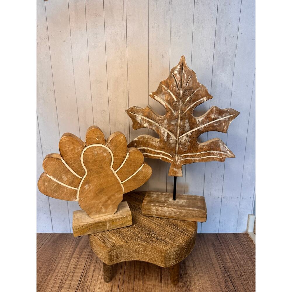 Fall Autumn Home Decor Maple Leaf Turkey Wood Home Sitter Set of 2 NEW!